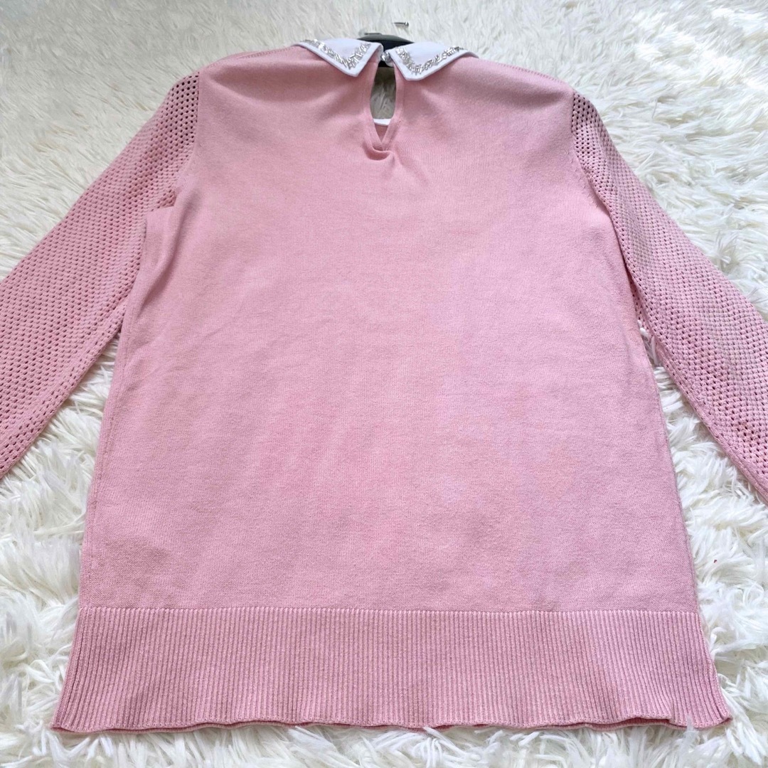 テッドベイカー ビーズ刺繍襟 ニットプルオーバー メッシュ袖 コットン ピンク