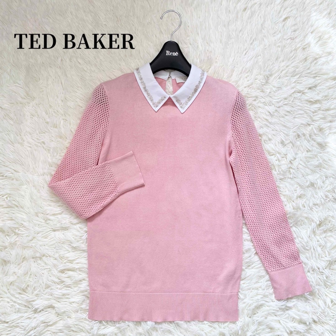 テッドベイカー ビーズ刺繍襟 ニットプルオーバー メッシュ袖 コットン ピンク