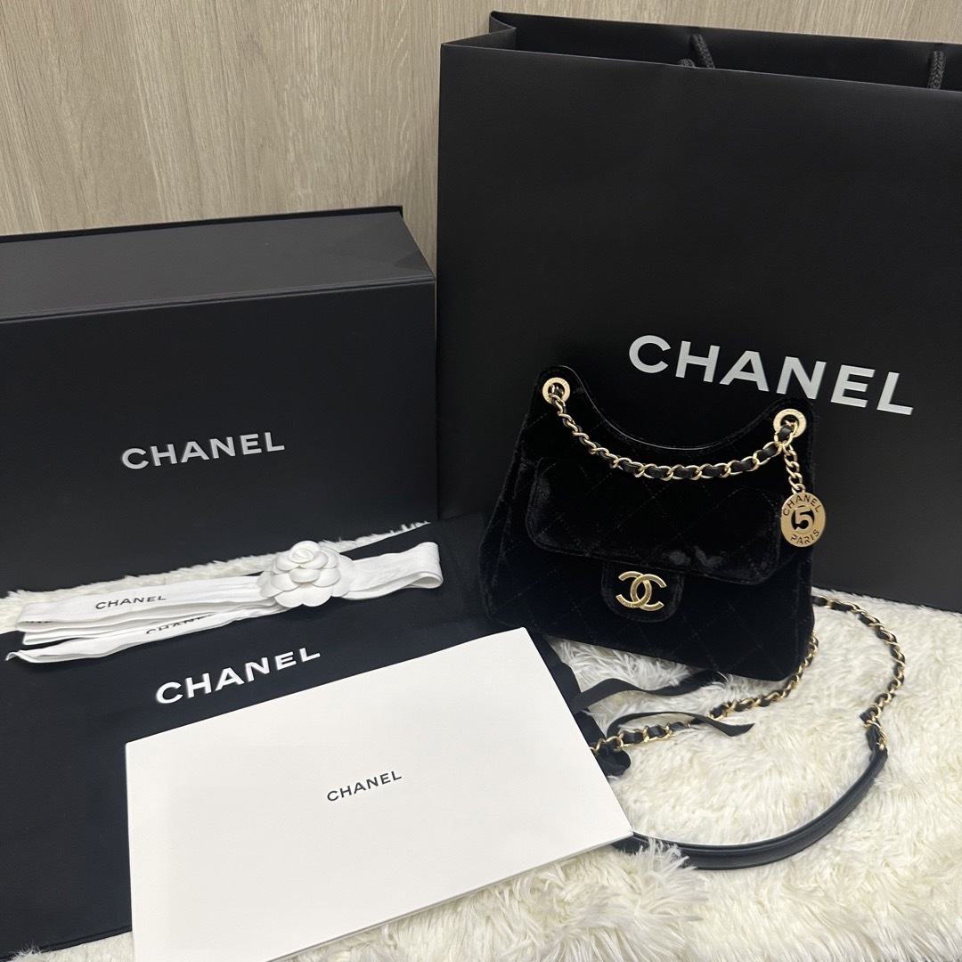 CHANEL 2WAY チェーンショルダーバッグ カメリア ベルベット ブラック