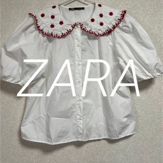 ザラ(ZARA)のZARA 花 フラワー 刺繍 ビックフリル ブラウス シャツ(シャツ/ブラウス(半袖/袖なし))