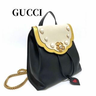 グッチ(Gucci)のグッチ 432270 バックパック リュック ブラック レザー チェーン パール(リュック/バックパック)