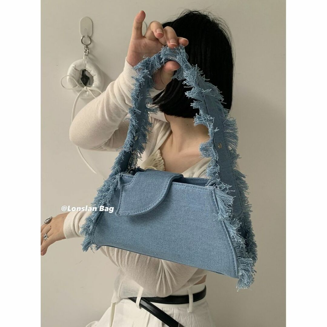Lonslan デニム フリンジ ミニ ハンドバッグ ブルー ピンク メンズのバッグ(ボストンバッグ)の商品写真