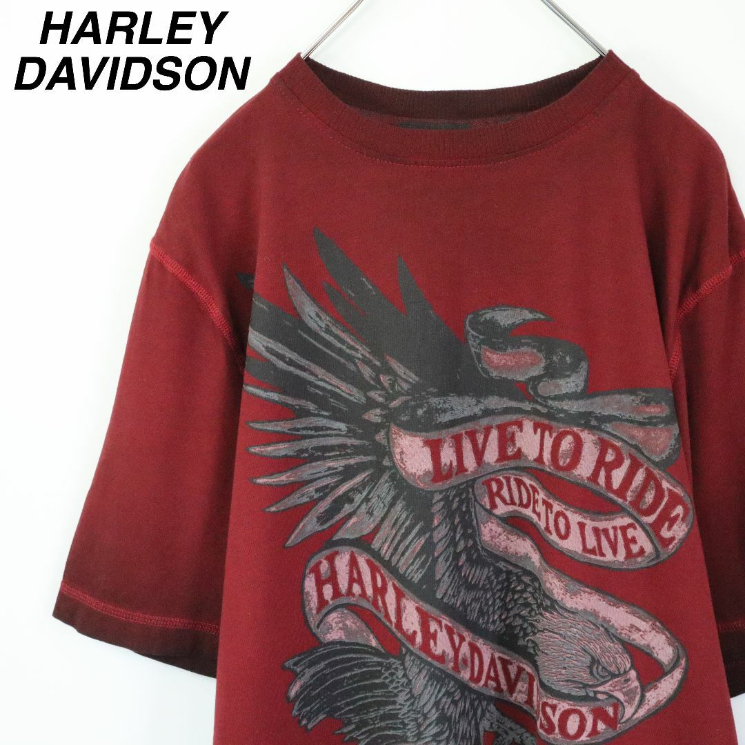 Harley Davidson(ハーレーダビッドソン)の【希少】ハーレーダビッドソン／Tシャツ　ビッグイーグル　刺繍ロゴ　大きめS　赤 メンズのトップス(Tシャツ/カットソー(半袖/袖なし))の商品写真