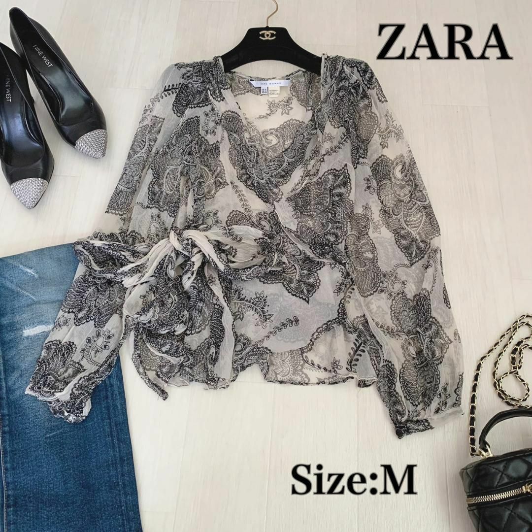 【ZARA WOMAN】ペイズリー柄シフォンブラウス　Mサイズ　透け感 レディースのトップス(シャツ/ブラウス(長袖/七分))の商品写真