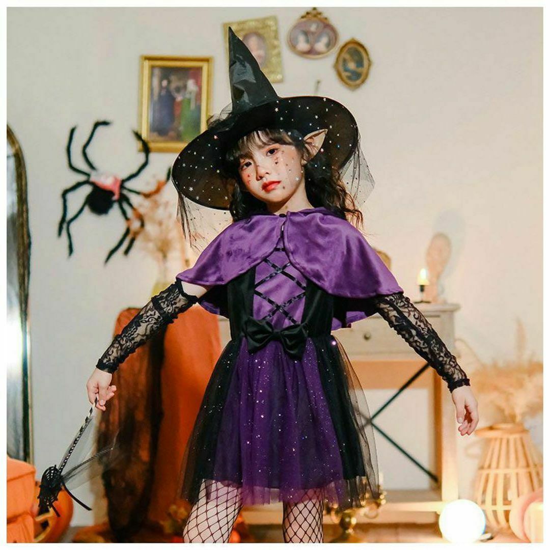 コスプレ ワンピース 女の子 150 ハロウィン 衣装 仮装 魔女 魔法使い 紫 キッズ/ベビー/マタニティのキッズ服女の子用(90cm~)(その他)の商品写真