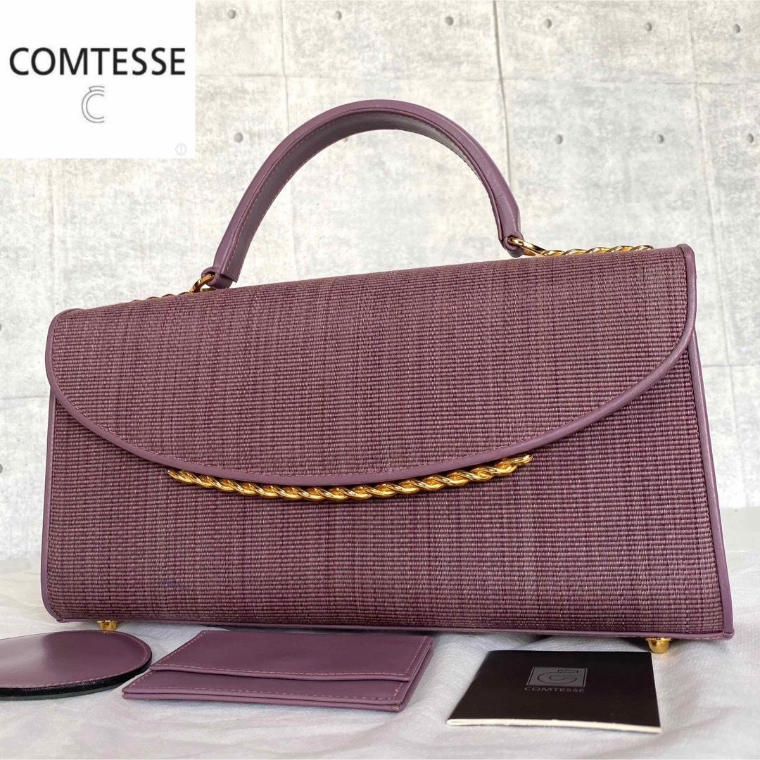 【美品】COMTESSE ホースヘア クリスタル ピンク がま口 ハンドバッグ