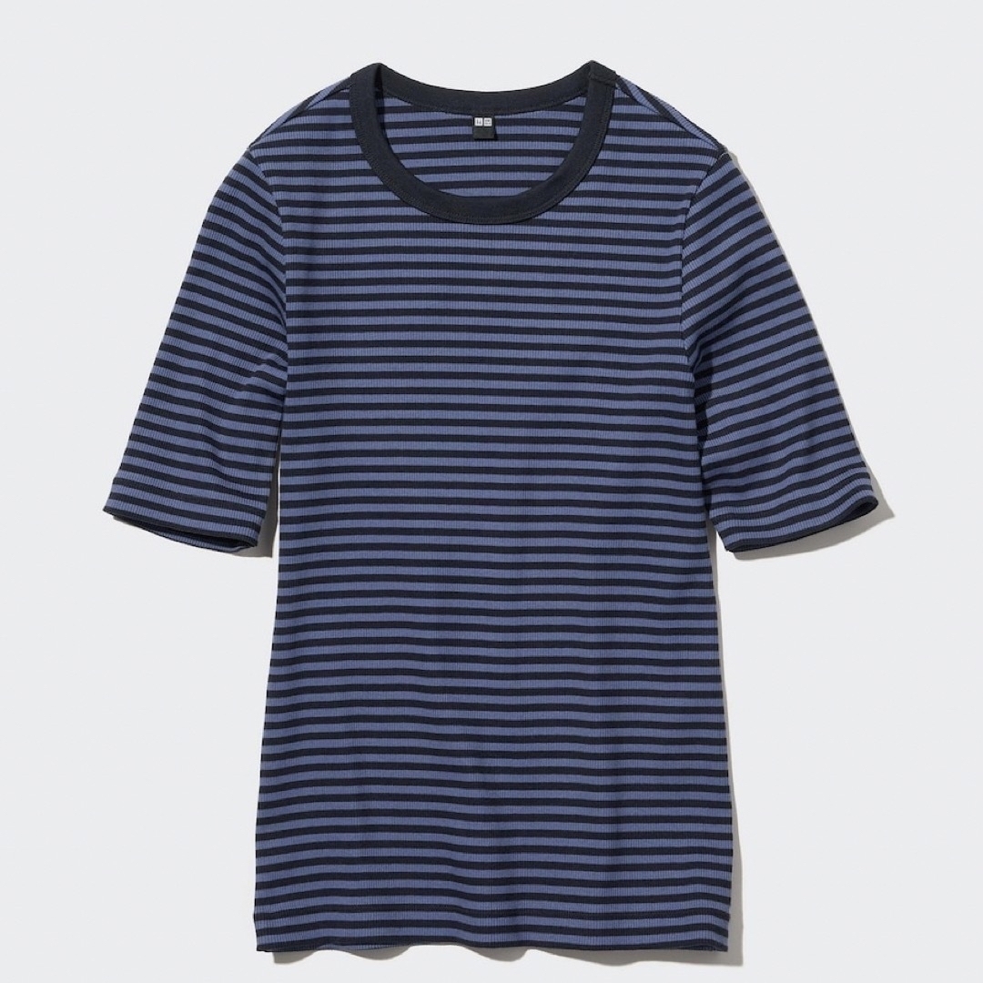 UNIQLO(ユニクロ)のリブボーダークルーネックT　リブクルーネックT　5分袖　ネイビー レディースのトップス(Tシャツ(半袖/袖なし))の商品写真