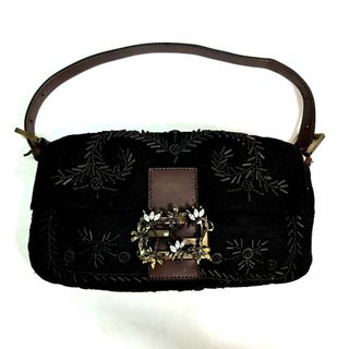 フェンディ(FENDI)のフェンディ FENDI マンマバケット 肩掛け ビーズ カバン 花柄金具 ビジュー ショルダーバッグ キャンバス ブラック(ショルダーバッグ)