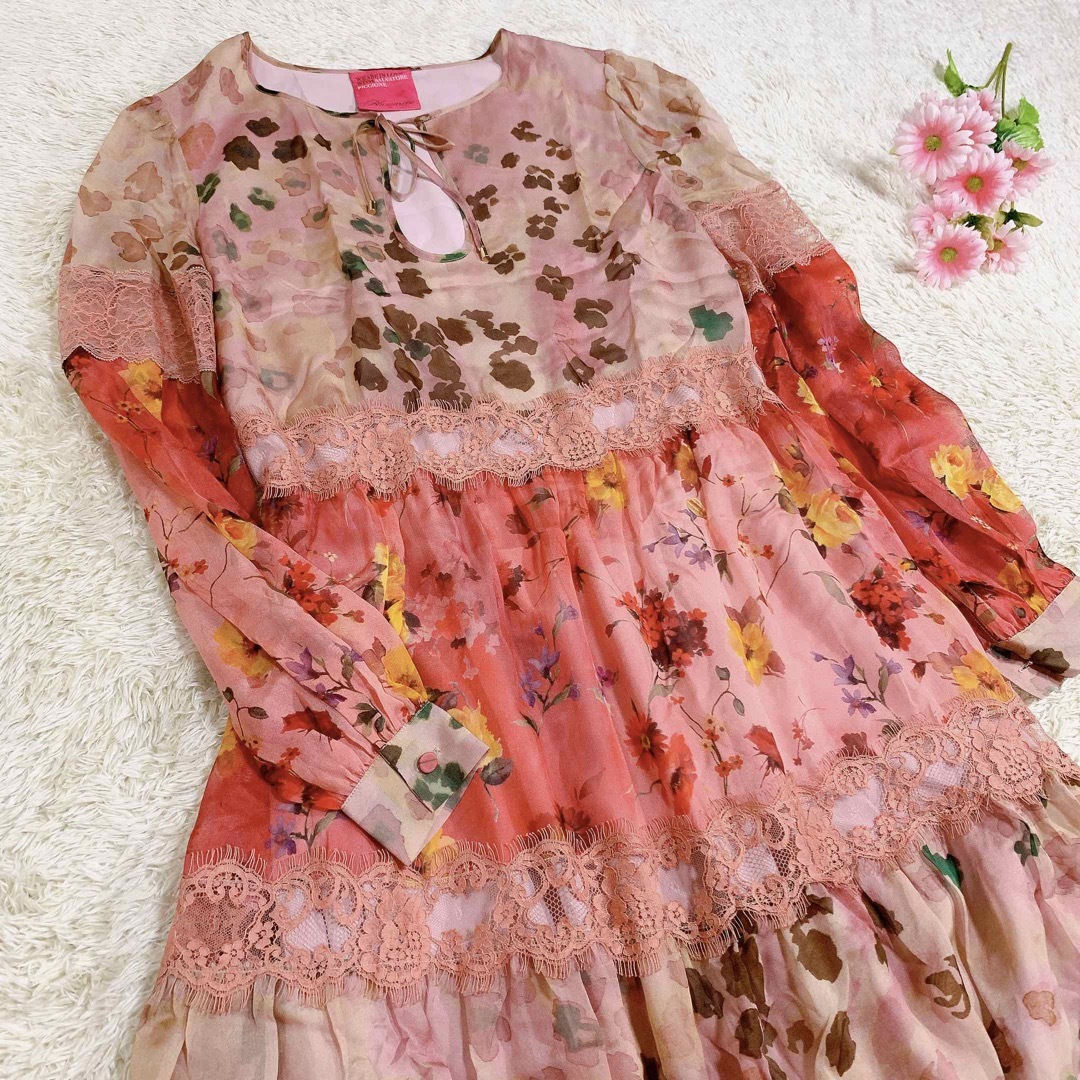 高級 BLUMARINE シルクドレス ワンピース 花柄 シアー レース S相当