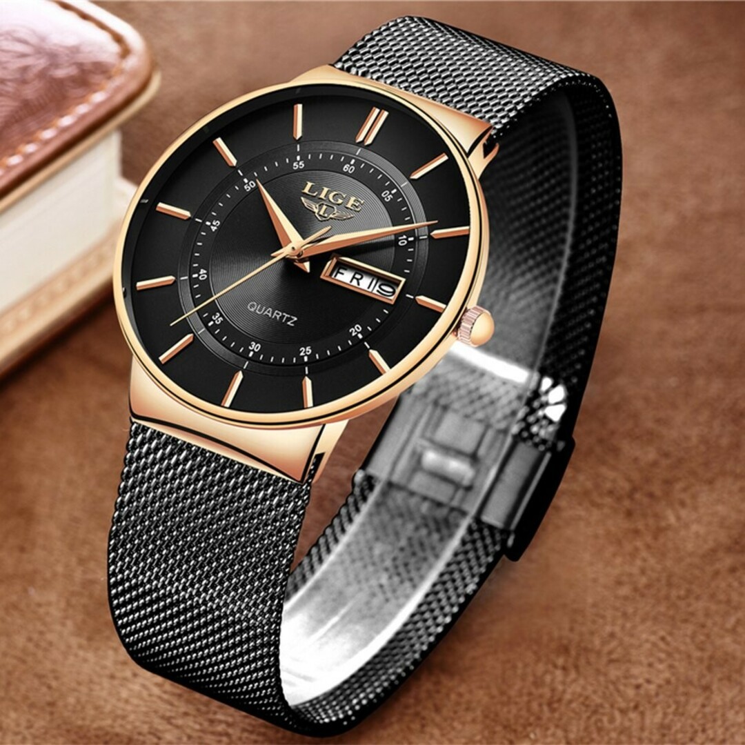 メンズ腕時計 新品 アナログ LIGE 高級 薄型 防水 ブラック&ゴールド メンズの時計(腕時計(アナログ))の商品写真
