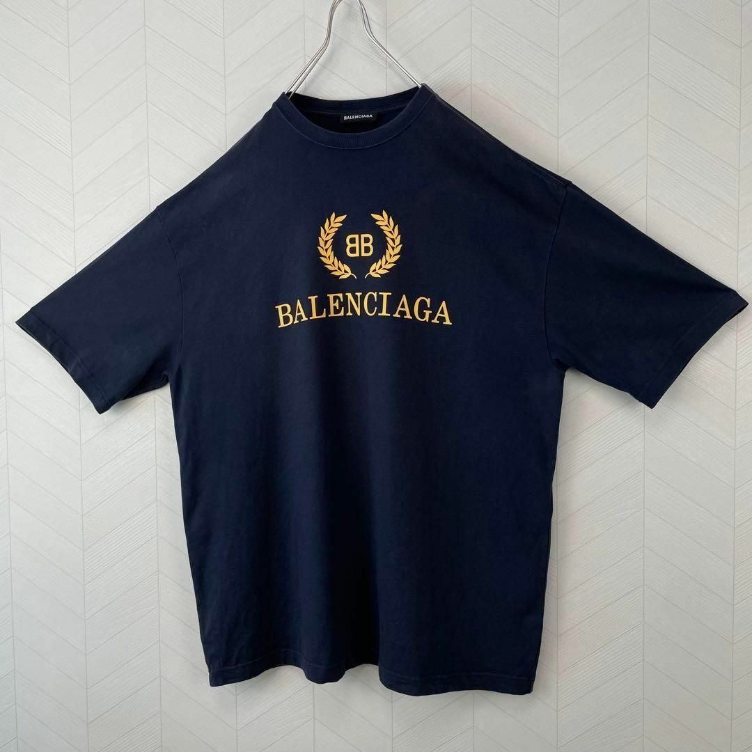 完売品 BALENCIAGA Tシャツ オーバーサイズ BB フェザー ロゴ 紺