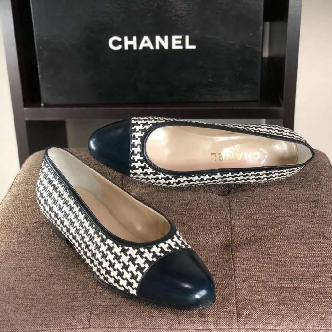 CHANEL - 未使用保管|シャネル|バレエシューズ|35.5|22.5cm|濃紺×白
