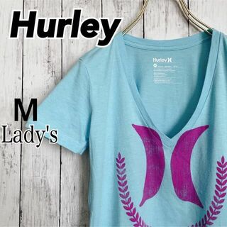 ハーレー(Hurley)のHurleyハーレー ビッグロゴ VネックTシャツMレディース 水色 ブルー古着(Tシャツ(半袖/袖なし))