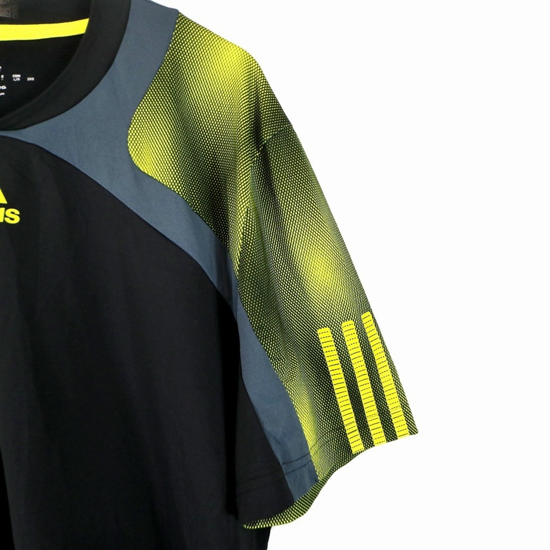 adidas(アディダス)のadidas アディダス ブランドロゴ 半袖Ｔシャツ ストレッチ素材 ブラック (メンズ L) 中古 古着 O2131 メンズのトップス(Tシャツ/カットソー(半袖/袖なし))の商品写真