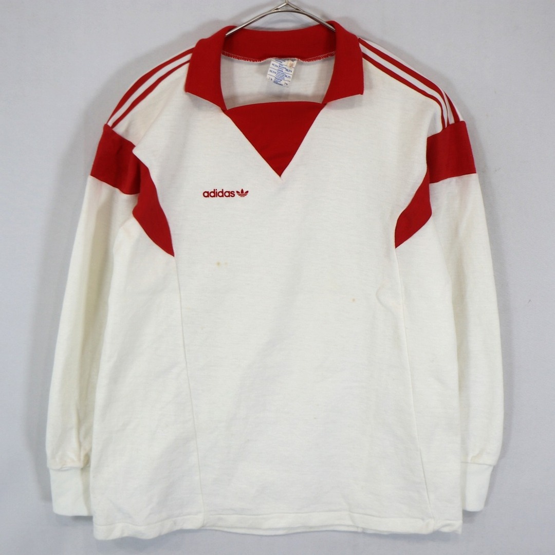70年代 フランス製 adidas アディダス 長袖サッカーシャツ シングルステッチ トレフォイルロゴ前期 ホワイト (メンズ M)   O2152