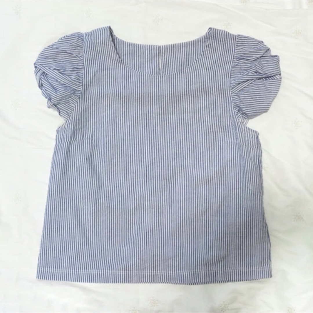 青ストライプ パフスリーブブラウス レディースのトップス(シャツ/ブラウス(半袖/袖なし))の商品写真