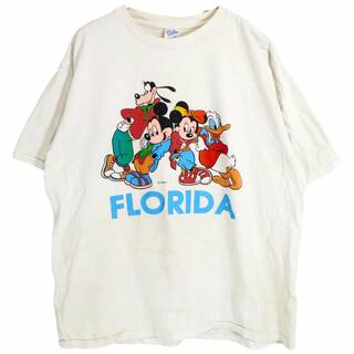 ディズニー(Disney)の90年代 USA製 Disney ディズニー ミッキー&フレンズ フロリダ 半袖Ｔシャツ キャラクター ホワイト (メンズ XL) 中古 古着 O2325(Tシャツ/カットソー(半袖/袖なし))