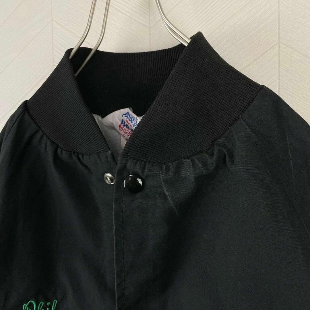 激レア 90s USA製 スタジャン コットン 刺繍 企業ロゴ 極太アーム 黒