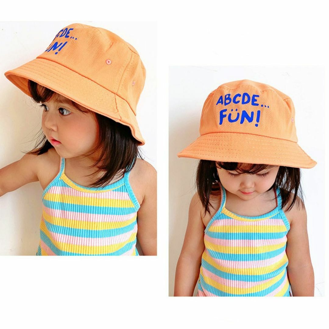 キッズ 子供 帽子 バケットハット 夏 ロゴ スマイル 韓国 52cm オレンジ キッズ/ベビー/マタニティのこども用ファッション小物(帽子)の商品写真
