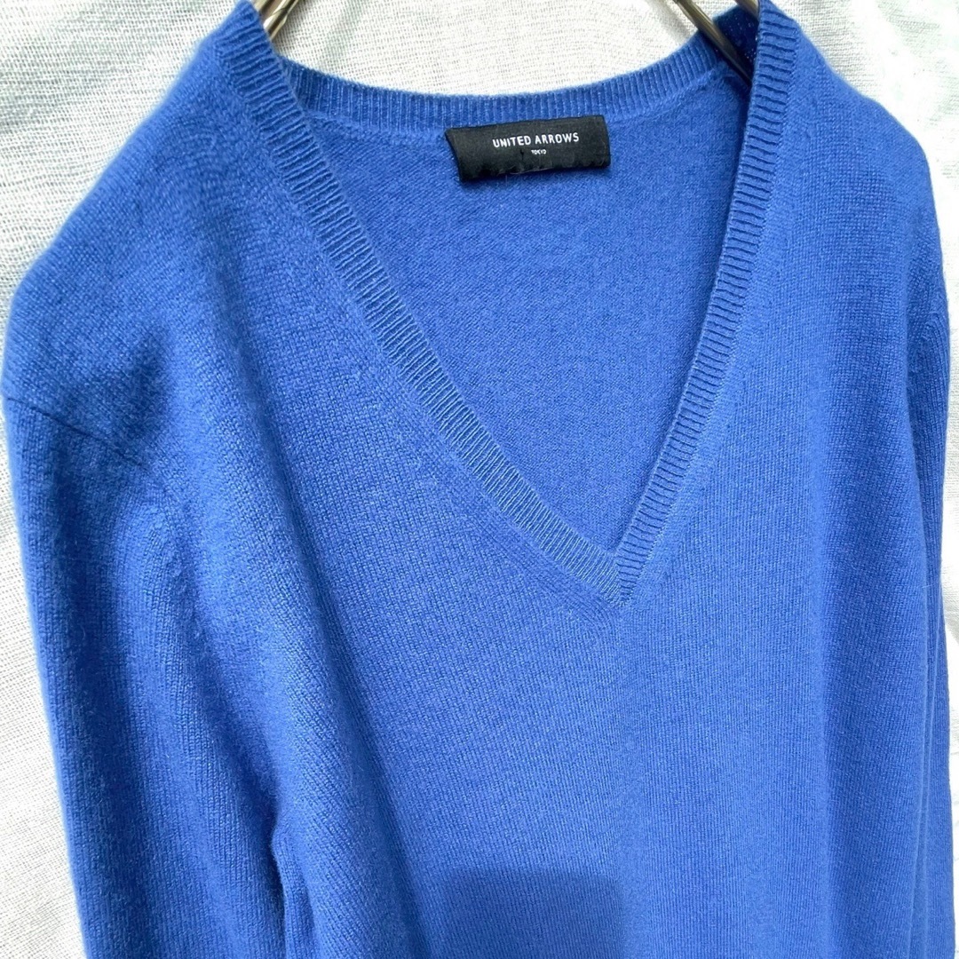 カシミヤ Vネック ロング ニット セーター ブルー ウール 上質 シンプル