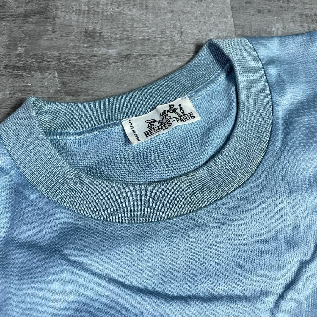 イタリア製 ビンテージ HERMES エルメス 刺繍ロゴポケットTシャツ 青色
