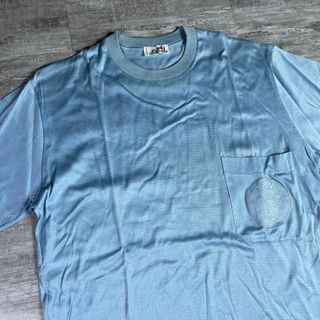 イタリア製 ビンテージ HERMES エルメス 刺繍ロゴポケットTシャツ 青色-