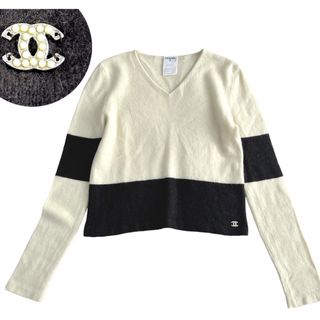 CHANEL カシミヤ100% Ｖネック ニット 配色 ココマーク 42-