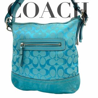 COACH ショルダーバッグ　花柄　シグネチャー　チェーン　タッセル　水色