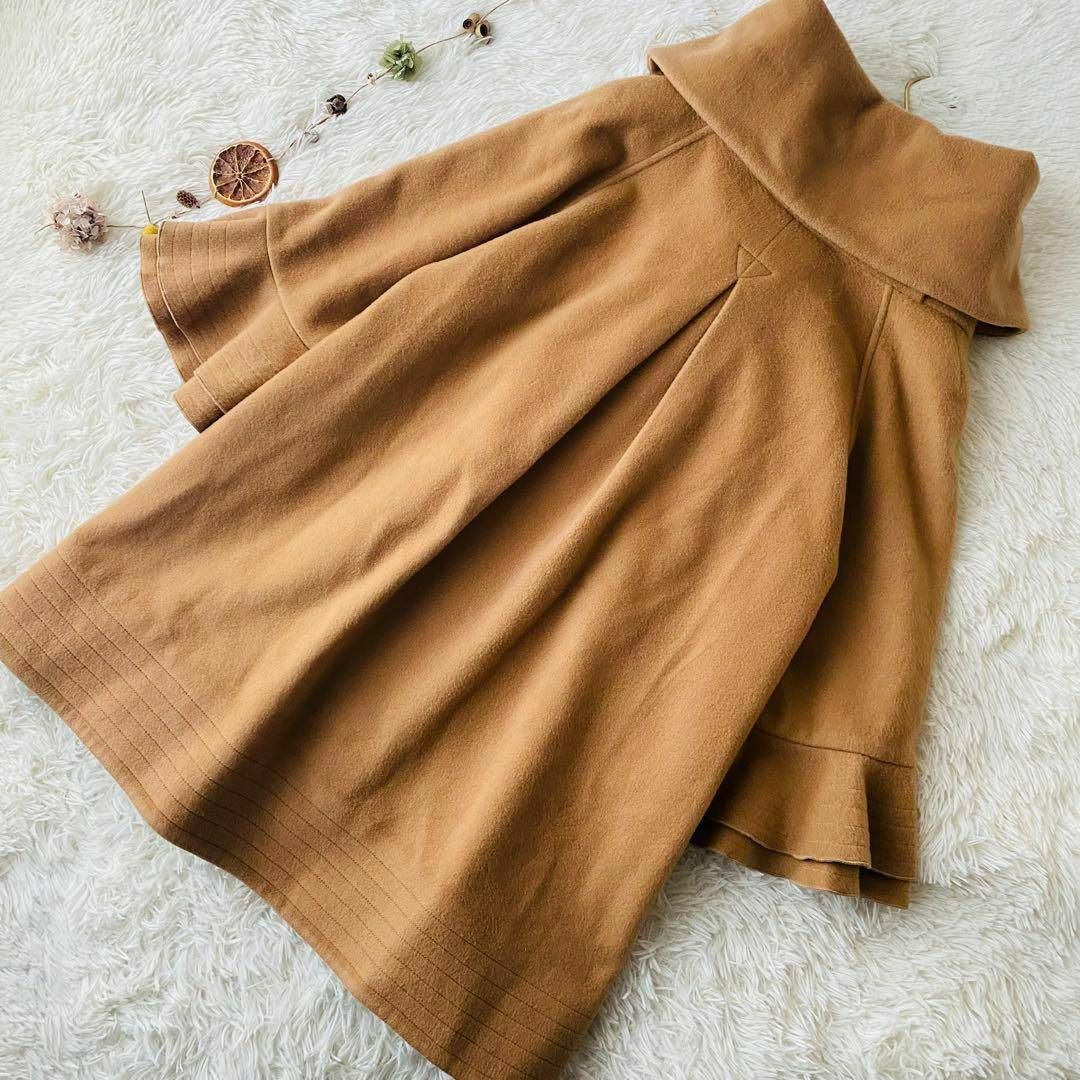 可愛い♡Sov. ポンチョ風コート カシミヤ混 キャメル フリル袖 肌触り◎-