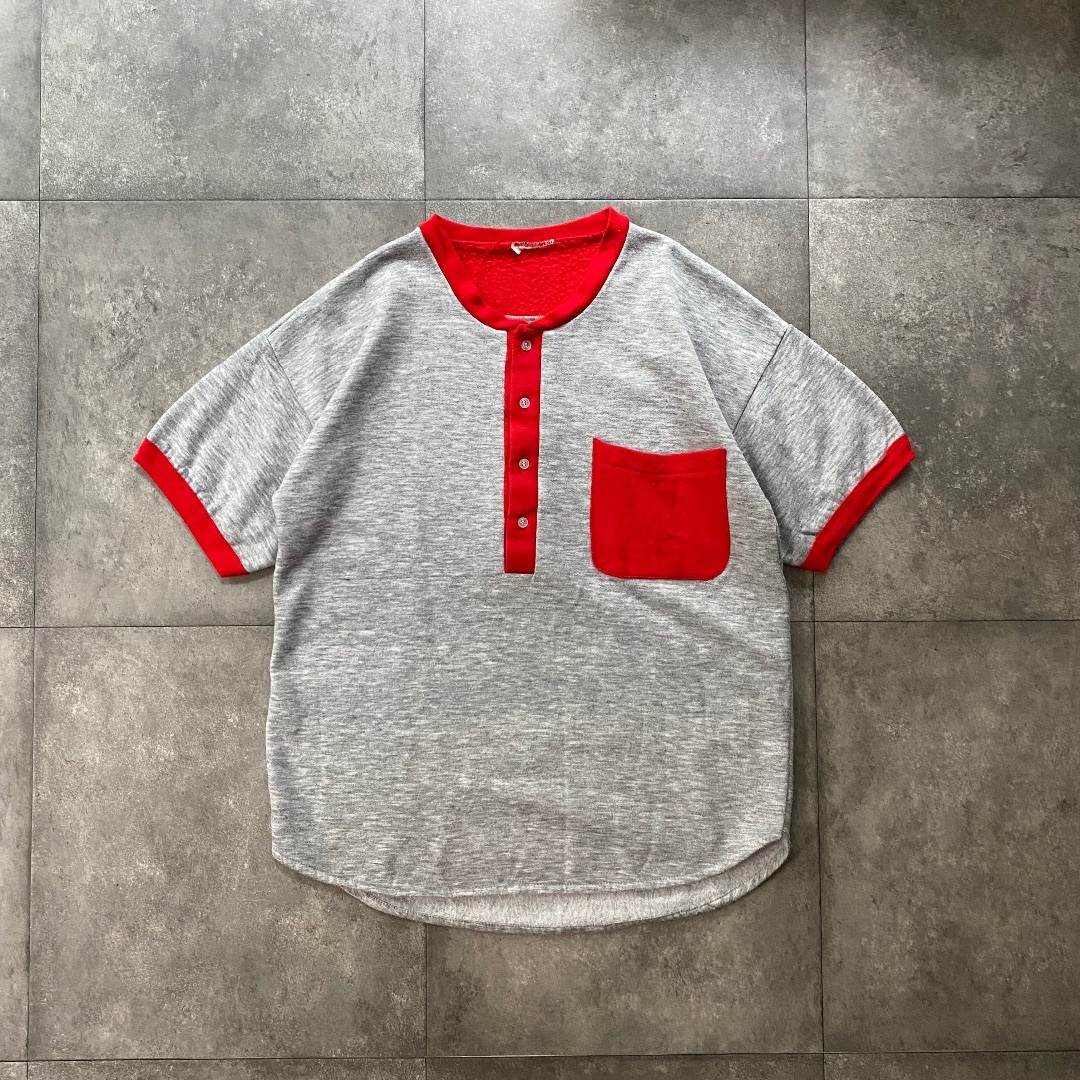 70s80s 半袖スウェット グレー×レッド ヘンリーネック ツートン