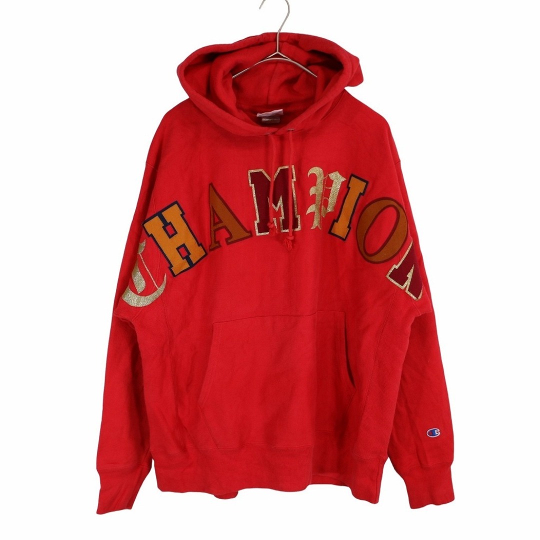 Champion チャンピオン ロゴワッペン リバースウィーブ パーカー ビッグロゴ どらポケ レッド (メンズ L)   O2845