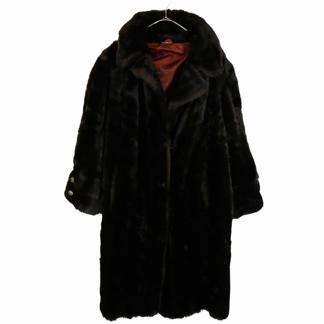イングランド製  ファーコート ユーロ  ヨーロッパ 毛皮 装飾ボタン ロング 襟付き ブラウン (レディース M)   O2875