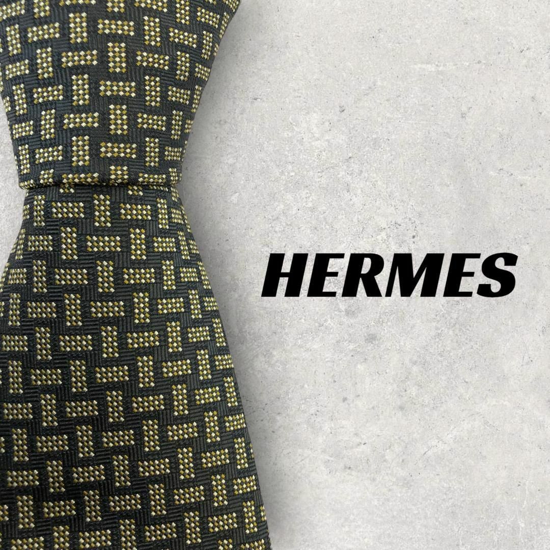 【5116】美品！HERMES　ネクタイ　ブラック×ゴールド系