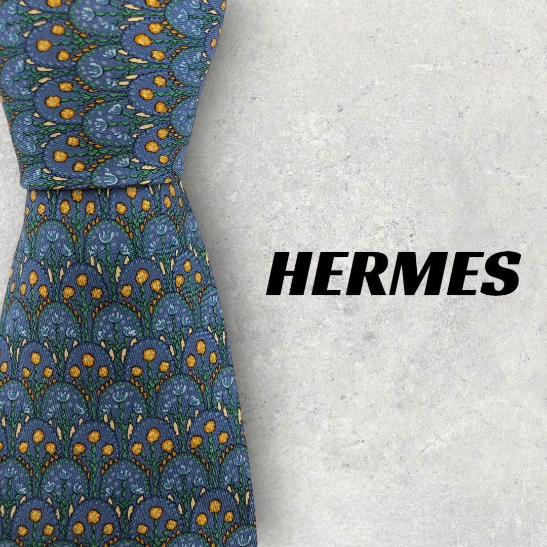 【5117】美品！HERMES　エルメス　ブルー系　フラワー柄.