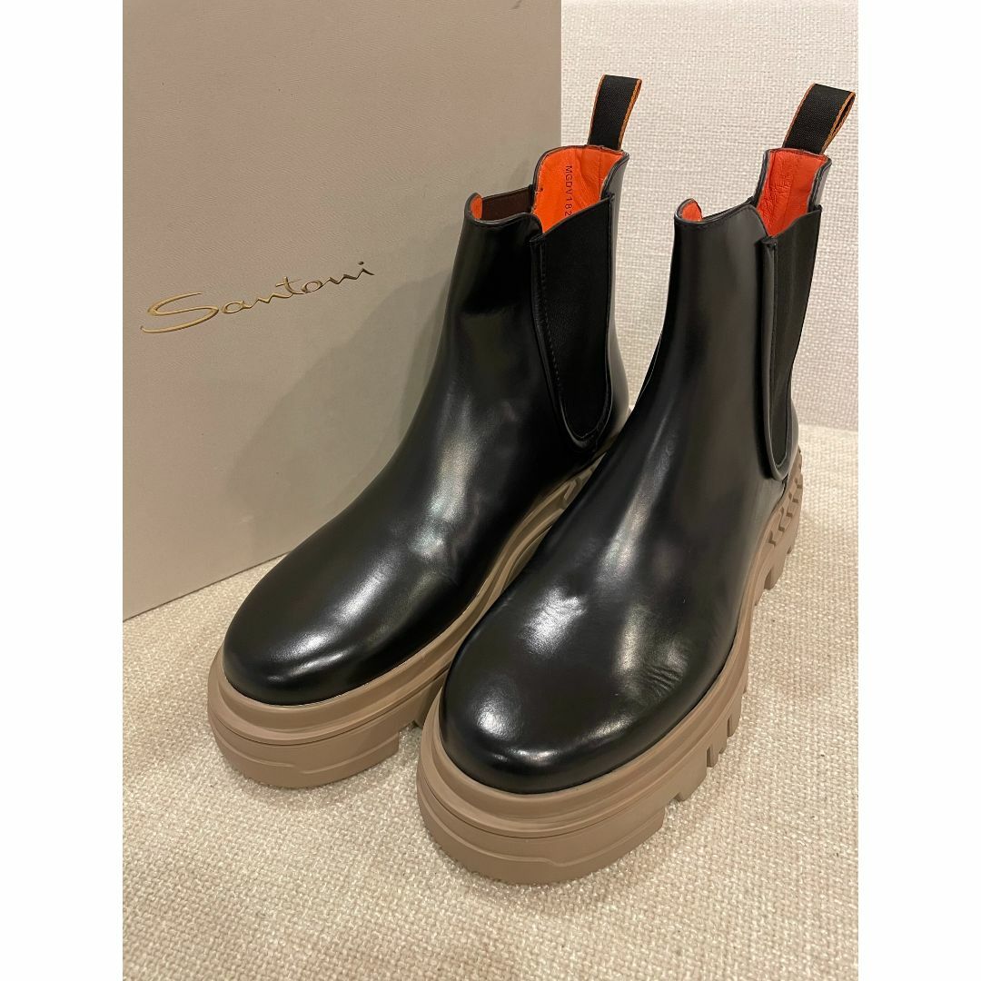 新品 Santoni サントーニ ブラックレザー ブーツ 7.5 サイドゴア