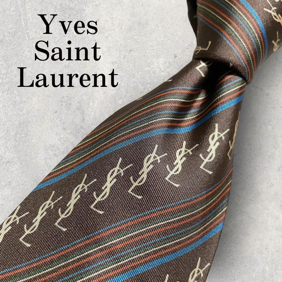 美品 Yves Saint Laurent YSL柄 ストライプ ネクタイ 茶
