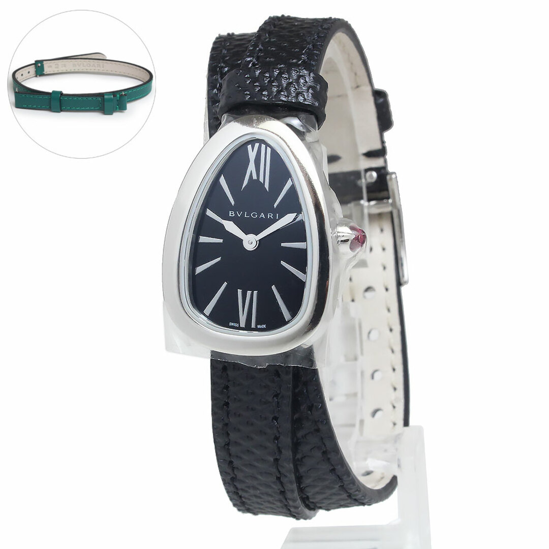 ブルガリ セルペンティ クオーツ 腕時計 カルングレザー ブラック グリーン 黒 緑 シルバー金具 SPS27BSL 102782 ギャランティカード 替えベルト 箱付 BVLGARI（新品・未使用品）