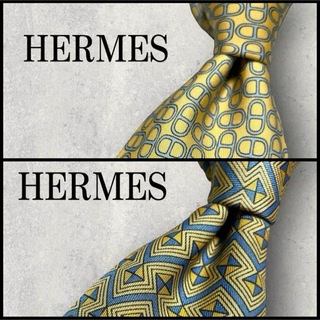 エルメス(Hermes)の美品 HERMES エルメス パネル柄 ネクタイ ブルー イエロー 黄(ネクタイ)