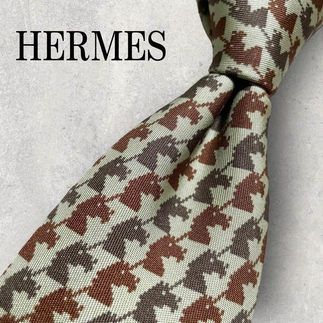 美品 HERMES エルメス 馬顔 総柄 ストライプ ネクタイ カーキ ブラウン