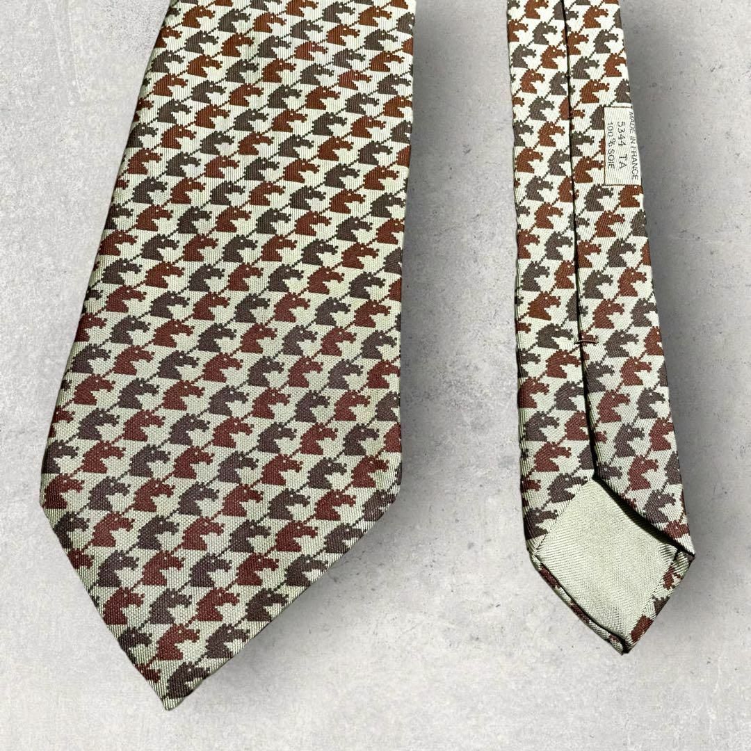 美品 HERMES エルメス 馬顔 総柄 ストライプ ネクタイ カーキ ブラウン