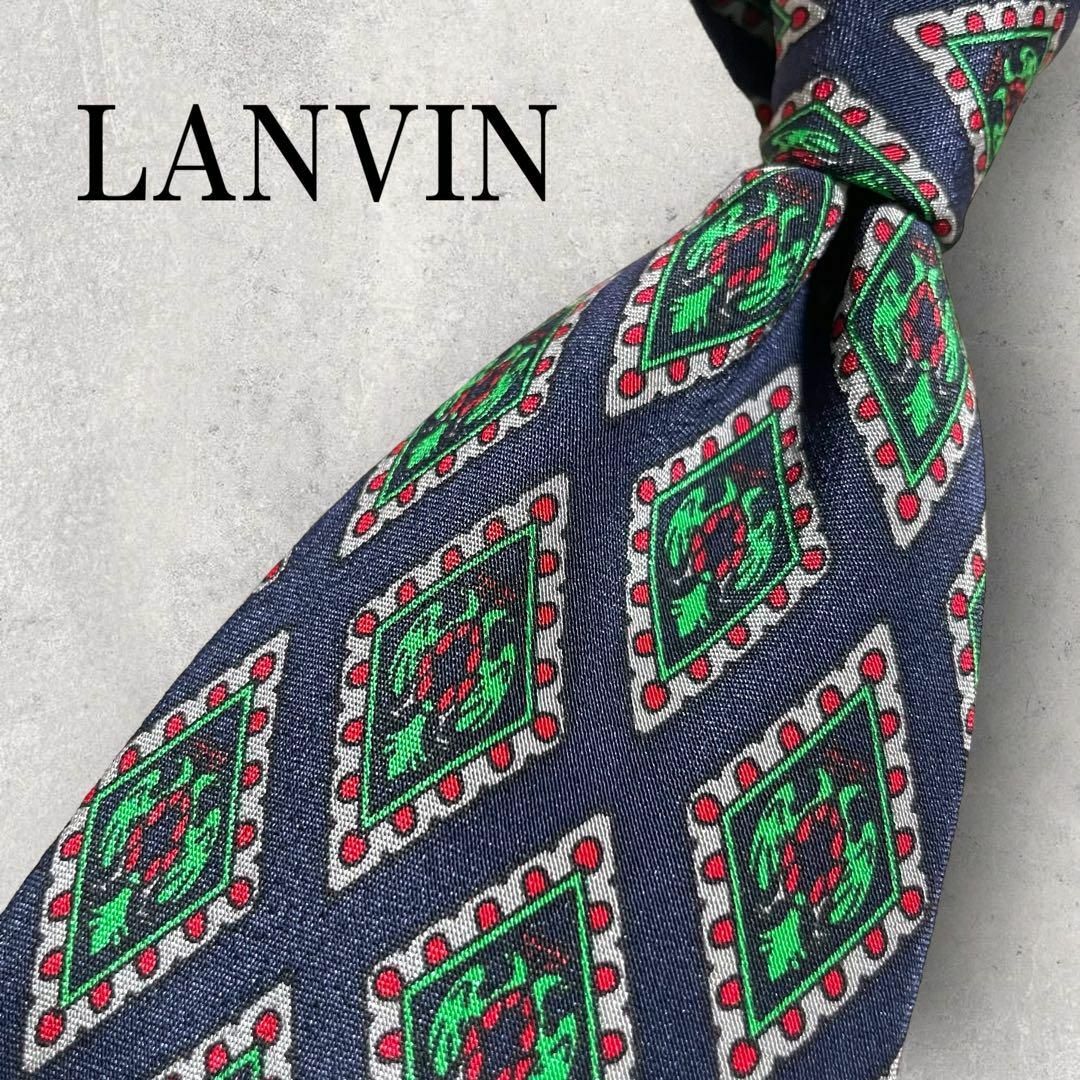 LANVIN(ランバン)の美品 LANVIN ランバン 小紋柄 格子柄 ネクタイ ネイビー 紺 グリーン メンズのファッション小物(ネクタイ)の商品写真