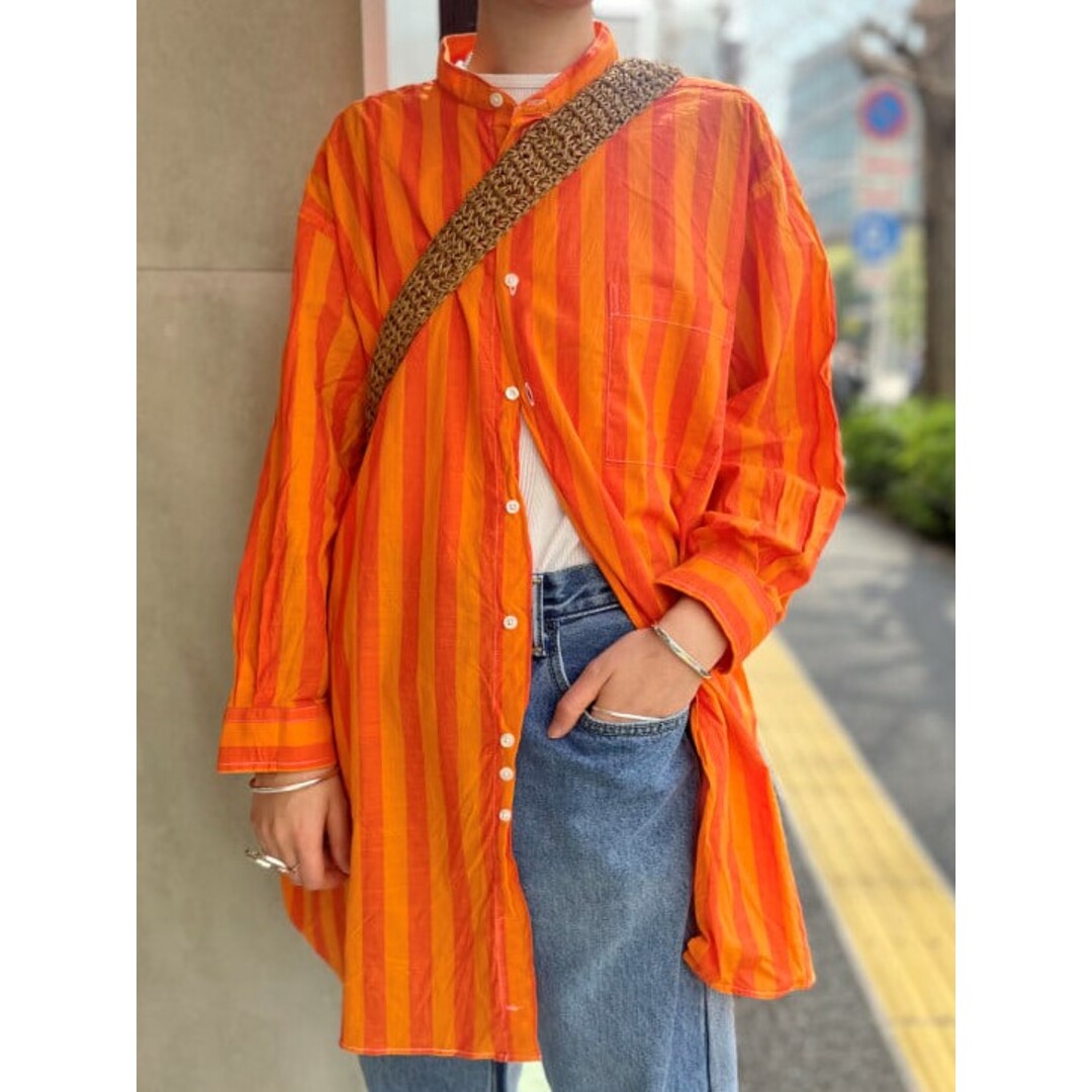 INDIVIDUALIZED SHIRTS x BEAMS BOY インディビジュアライズドシャツ ビームスボーイ 22SS 別注 アメリカ製 BAND SHIRTS バンドカラーストライプシャツ ONE SIZE ORANGE 長袖 ロング トップス【INDIVIDUALIZED SHIRTS × BEAMS BOY】 2