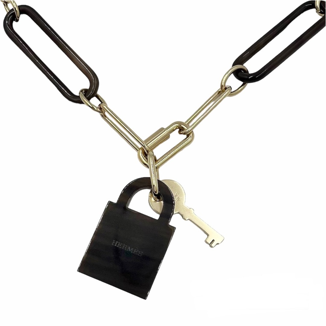 【限定価格】HERMES エルメス ネックレス アミュレット パドロックGM カデナ ペンダント ロングネックレス アクセサリー メンズ レディース バッファローホーン ブラウン 茶 ゴールド ユニセックス 約55g 定番【中古品】