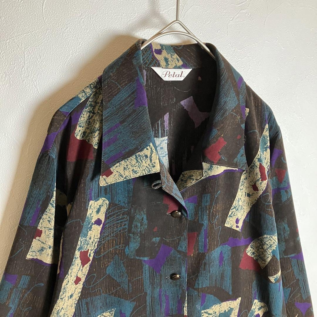 総柄シャツ アーガイル レトロボタン 長袖 緑 紫 茶 ポリシャツ