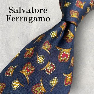 サルヴァトーレフェラガモ(Salvatore Ferragamo)の美品 Salvatore Ferragamo ハート柄 総柄 ネクタイ ネイビー(ネクタイ)