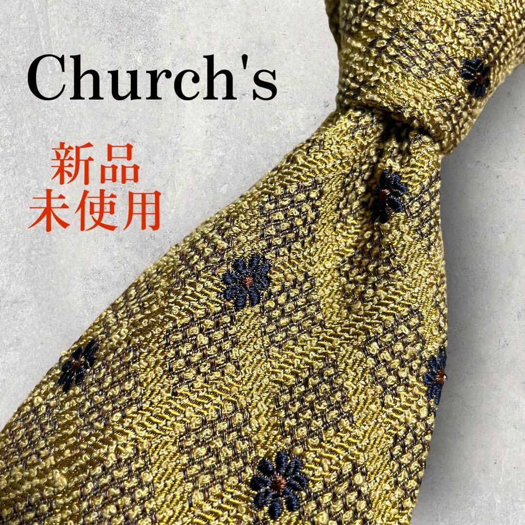 新品未使用 英国製 church's 小紋柄 ジャガード ネクタイ ゴールド 金