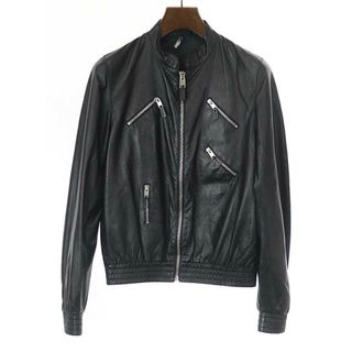 ディオール(Dior)のDior HOMME ディオールオム 07SS ジップアップ リブレザーブルゾン ジャケット ブラック 44(レザージャケット)