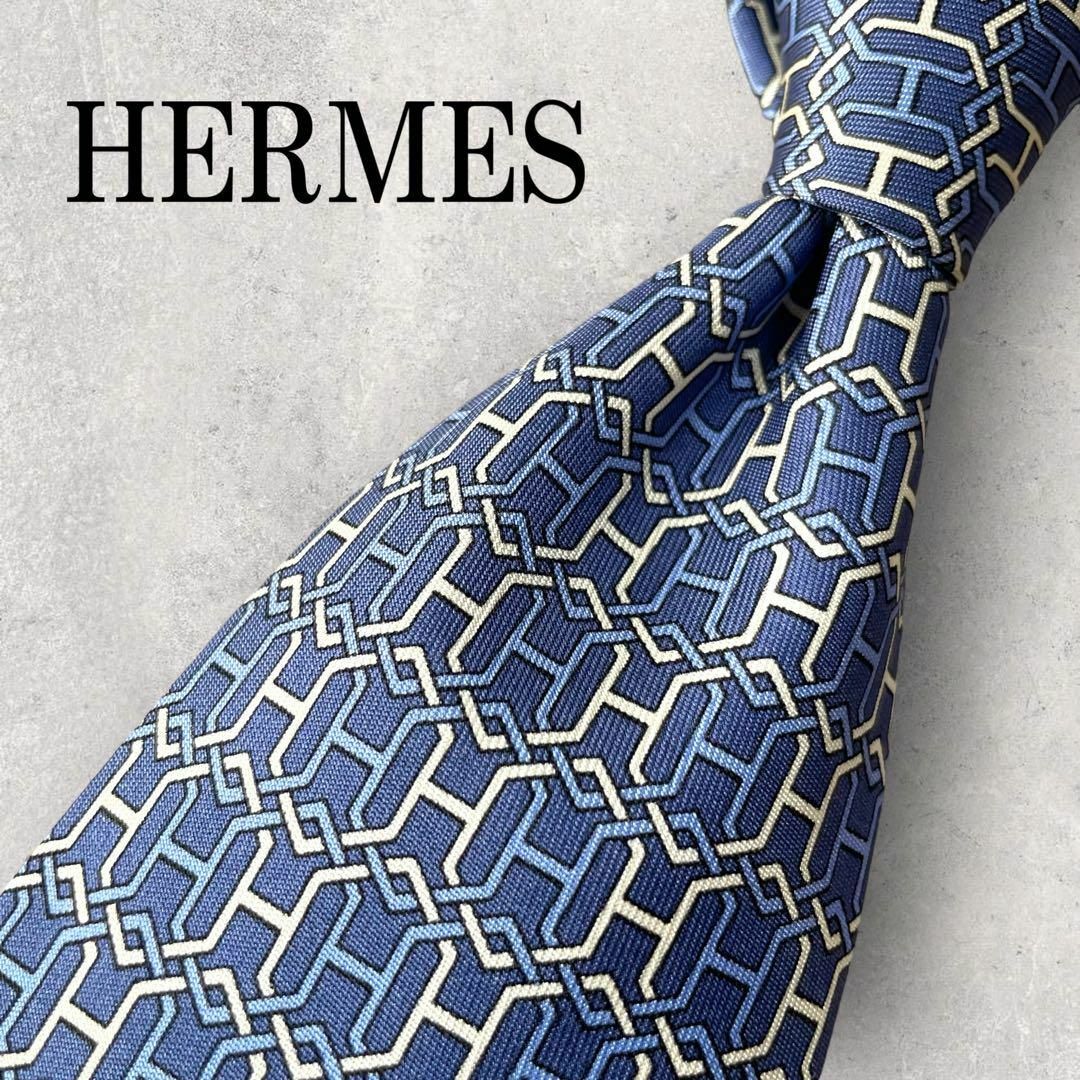 【新品未使用】HERMES エルメスロゴ ネイビー・ブルーネクタイ