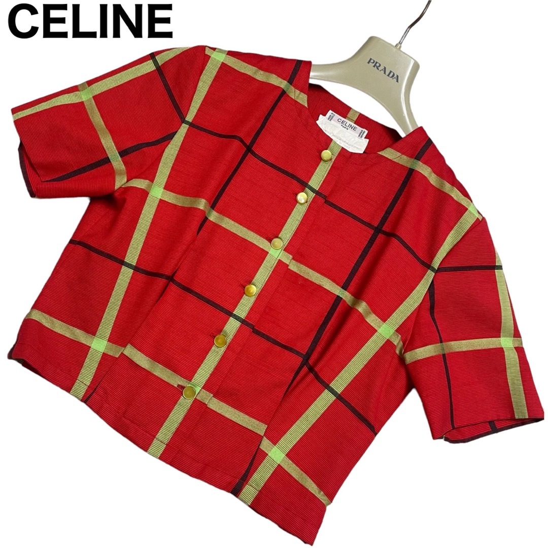 OLD CELINE ノーカラー ジャケット チェック 半袖 カラーレス | フリマアプリ ラクマ