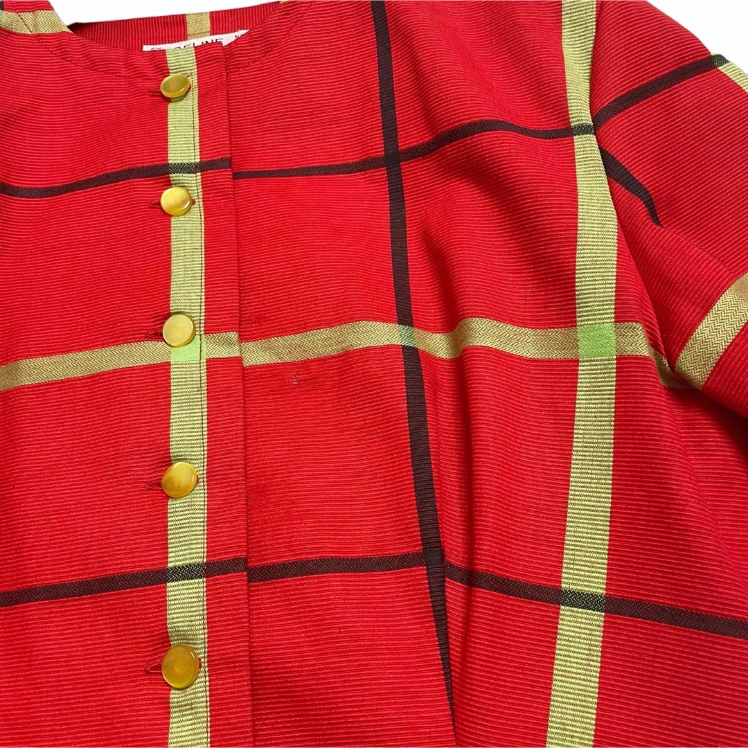 OLD CELINE ノーカラー　ジャケット　チェック　半袖　カラーレス